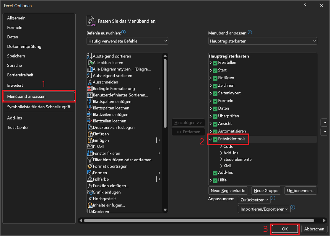 Bekijk ontwikkelaarstools in Excel-opties