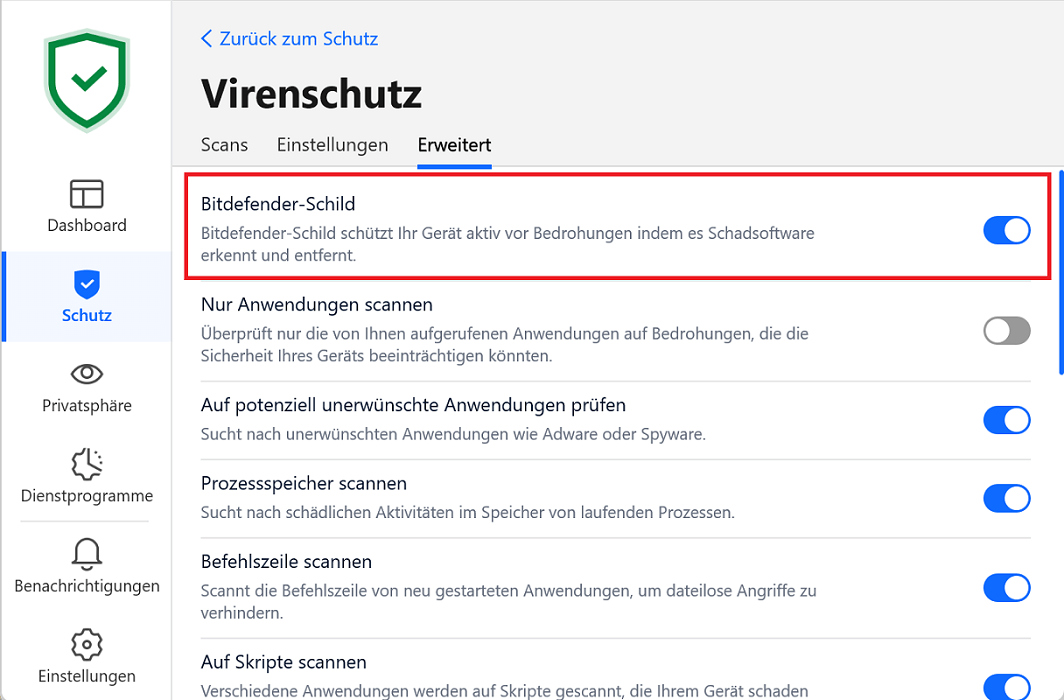 Schakel Bitdefender uit in Instellingen