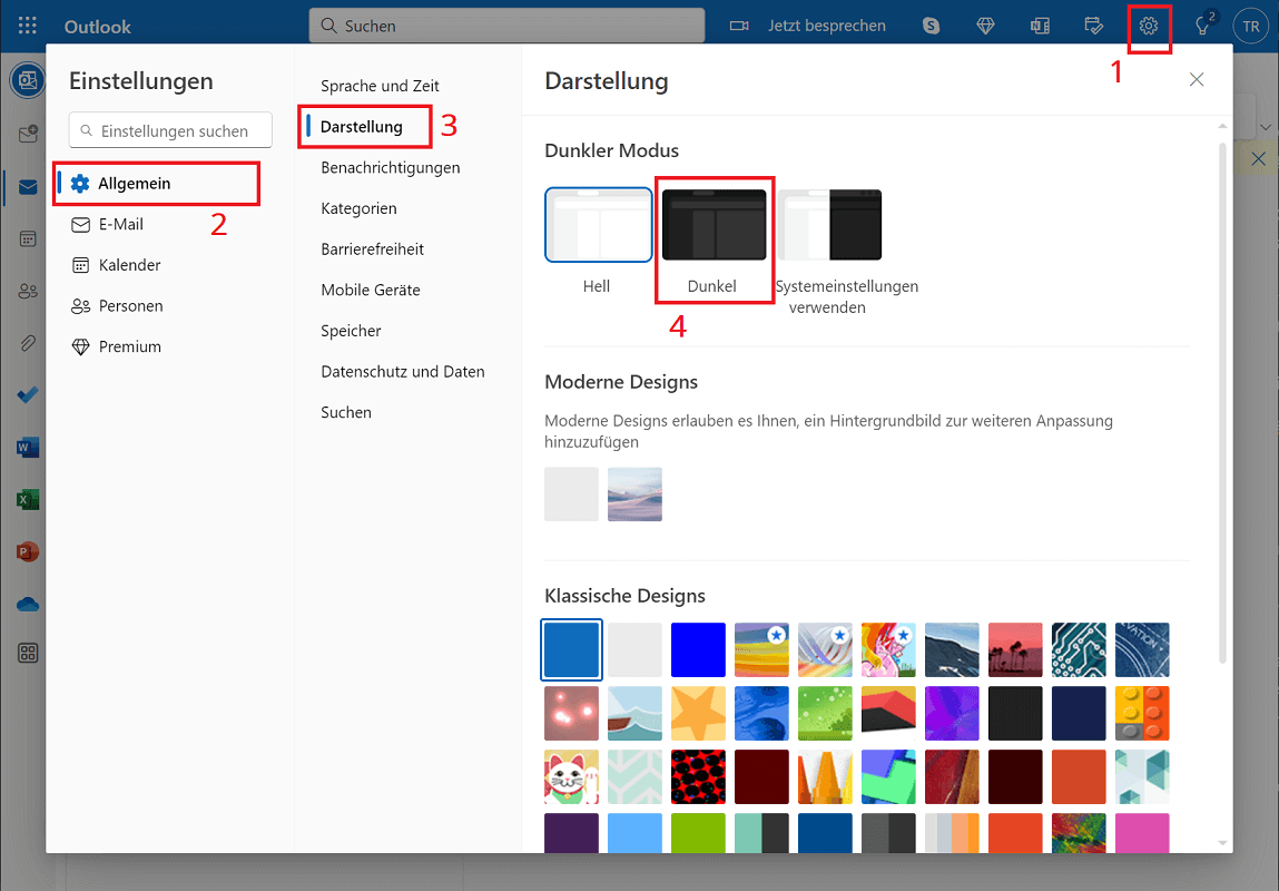 Activeer de donkere modus in Outlook in de internetbrowser