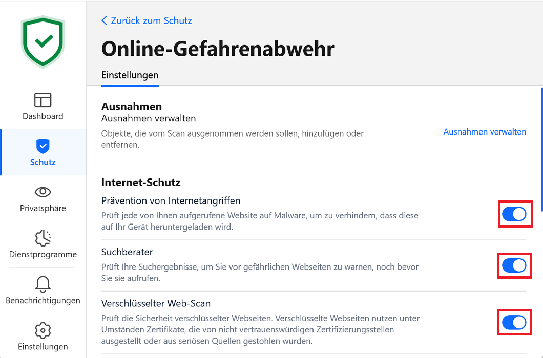 Online beveiligingsinstellingen