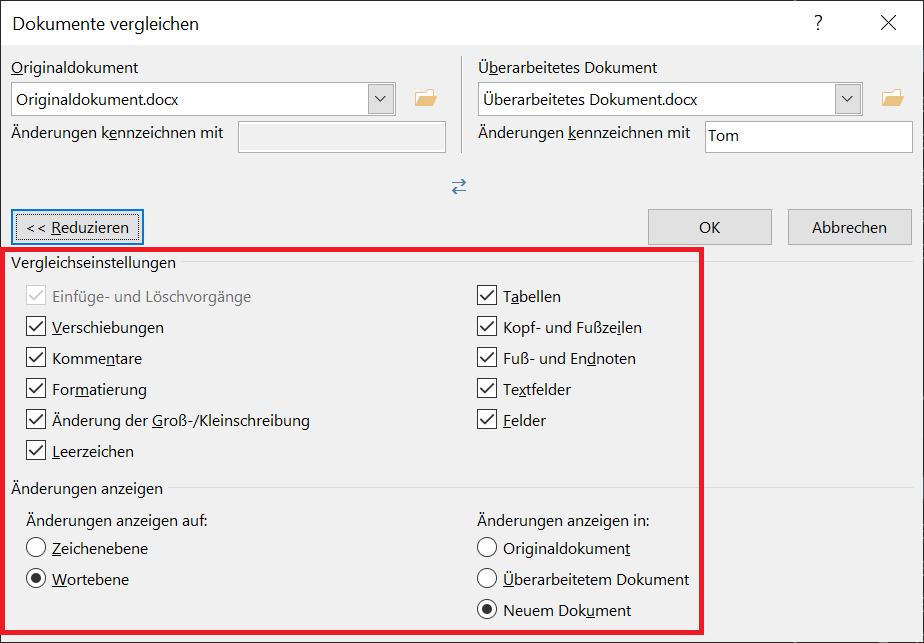 Geavanceerde opties bij het vergelijken van documenten