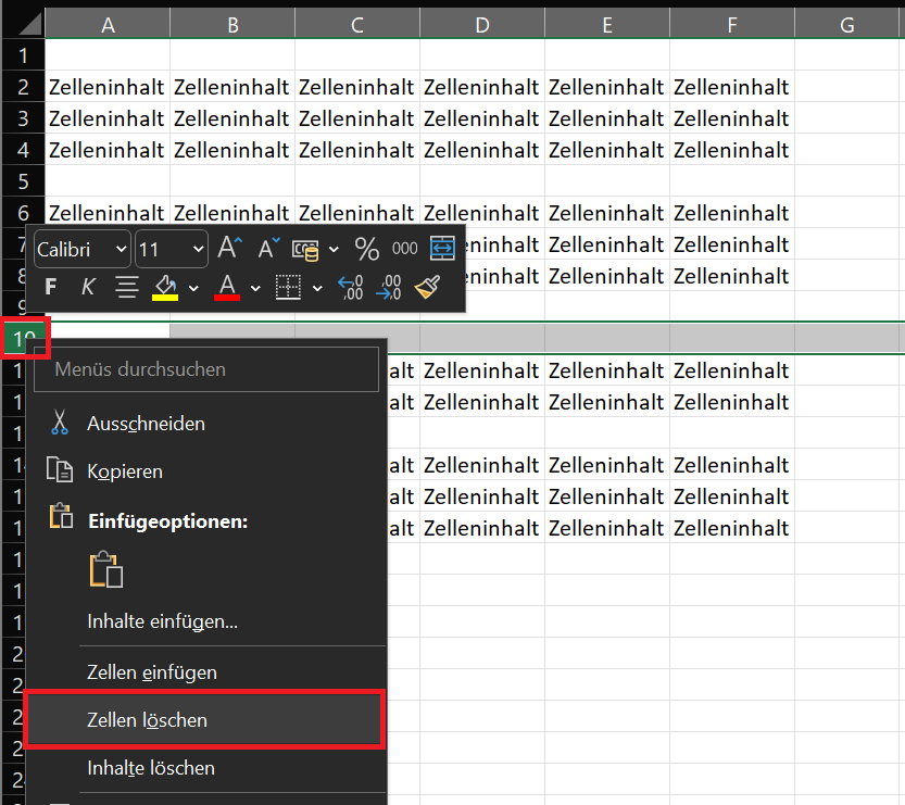 Verwijder lege rij in Excel met behulp van de rijnummerbalk