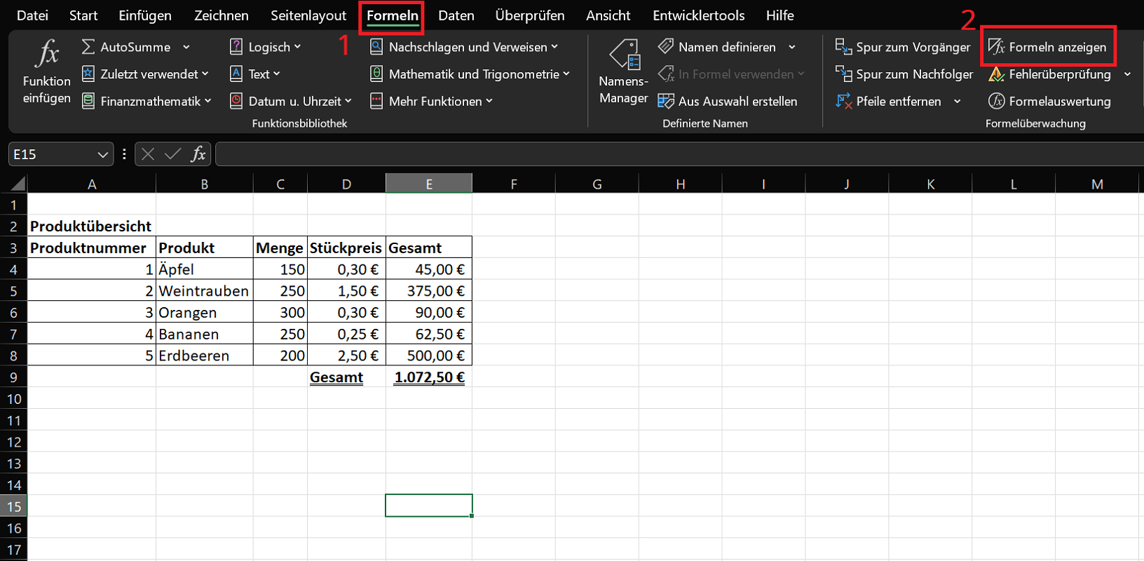Bekijk formules in Excel