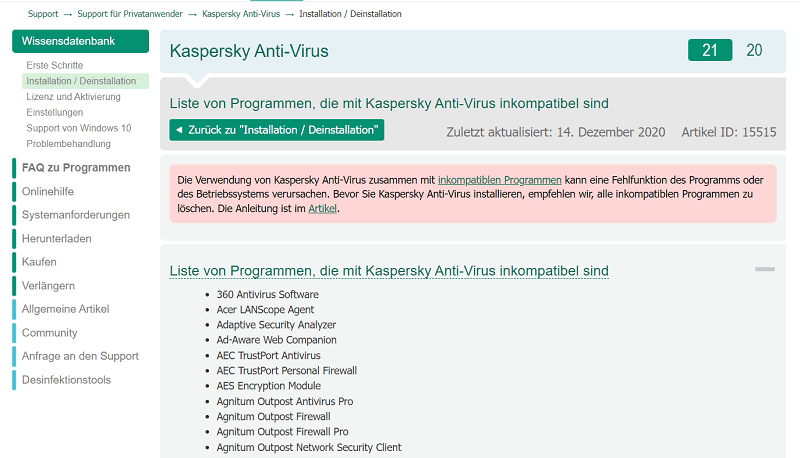 Lijst met alle incompatibele programma's met Kaspersky Tools