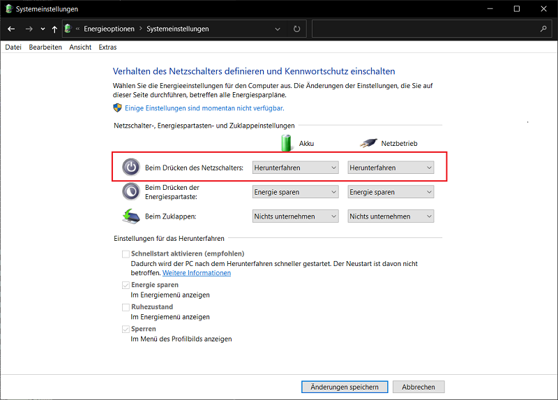 Configuratie van de aan/uit-knop voor het snel afsluiten van Windows 10