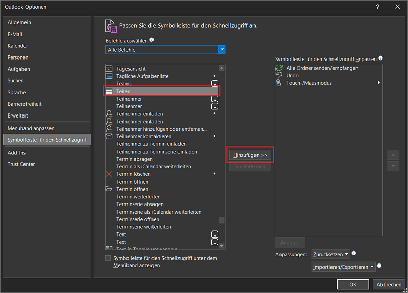 Voeg een deelfunctie toe in de Outlook-instellingen