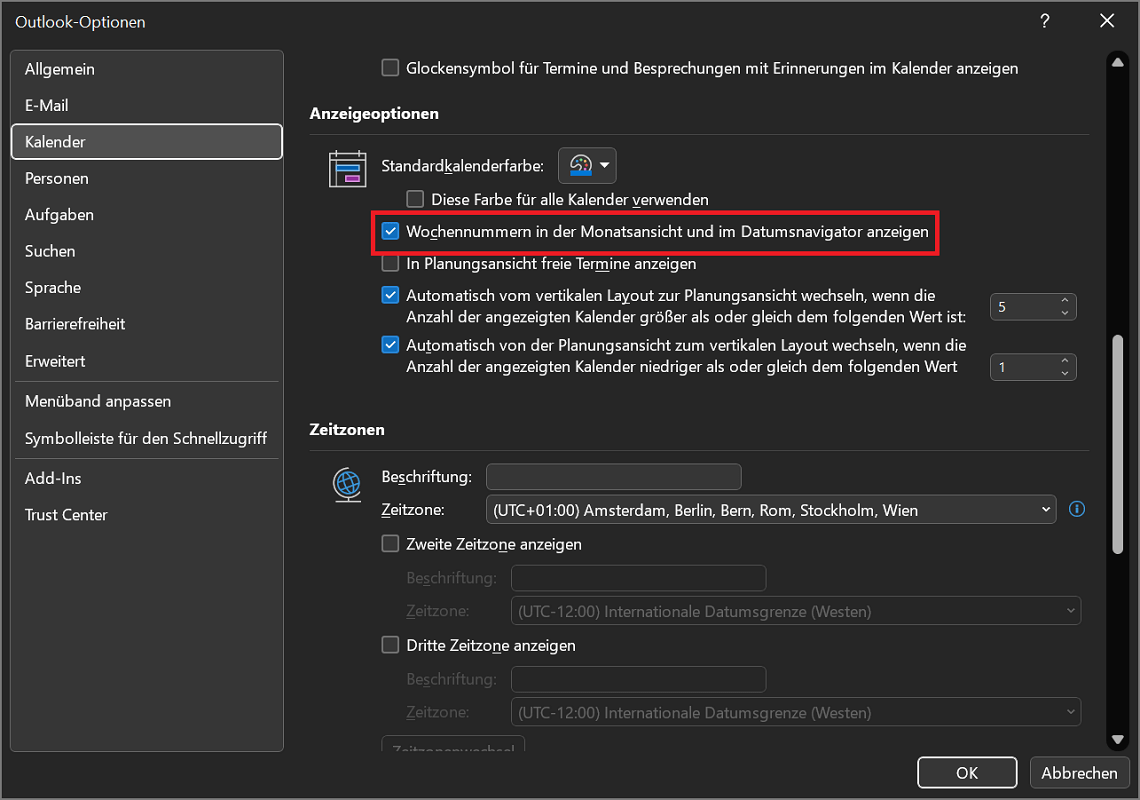 Activeer en toon de kalenderweek in Outlook met behulp van de opties