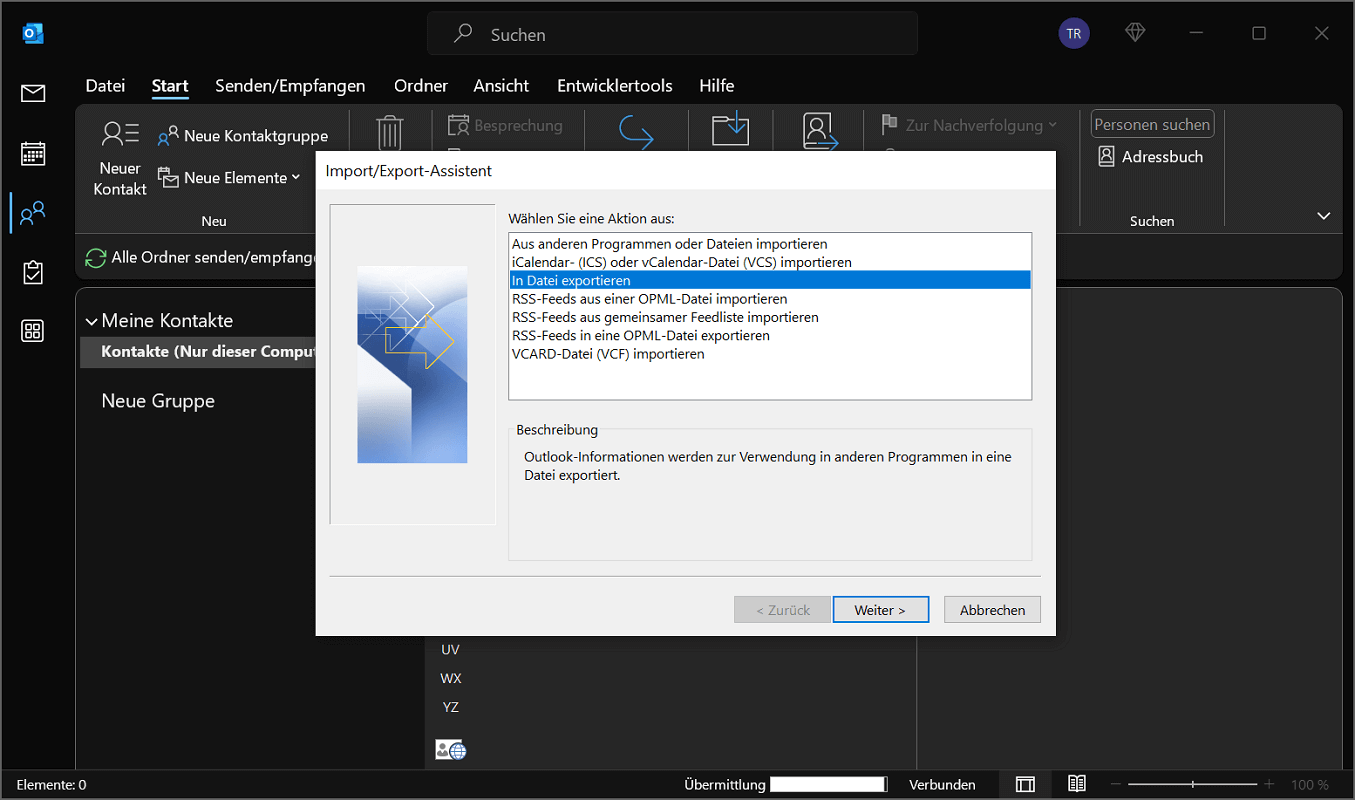 Exporteer Outlook-contacten met de Import-Export Wizard