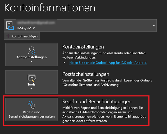 Outlook-accountinformatie voor het instellen van regels, meldingen en automatische antwoorden