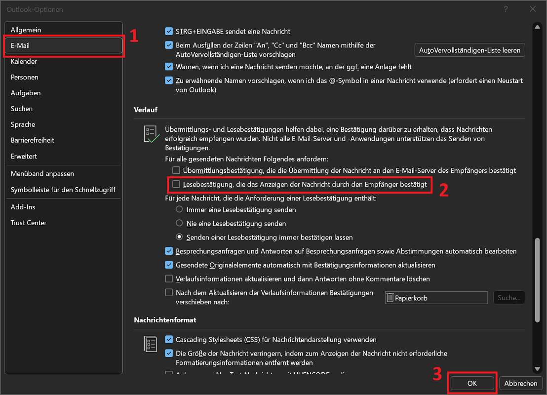 Schakel Outlook-leesbevestigingen in de opties in