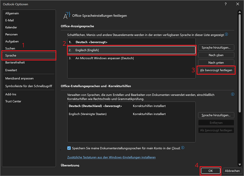 Wijzig de taal in Outlook-opties