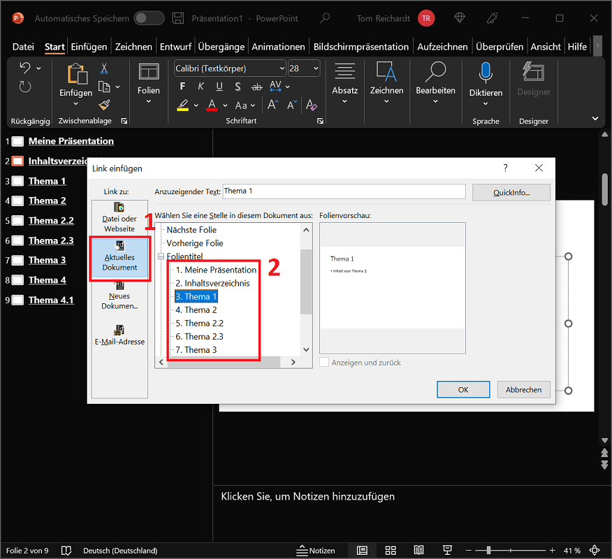 Koppel de inhoudsopgave aan dia's in PowerPoint