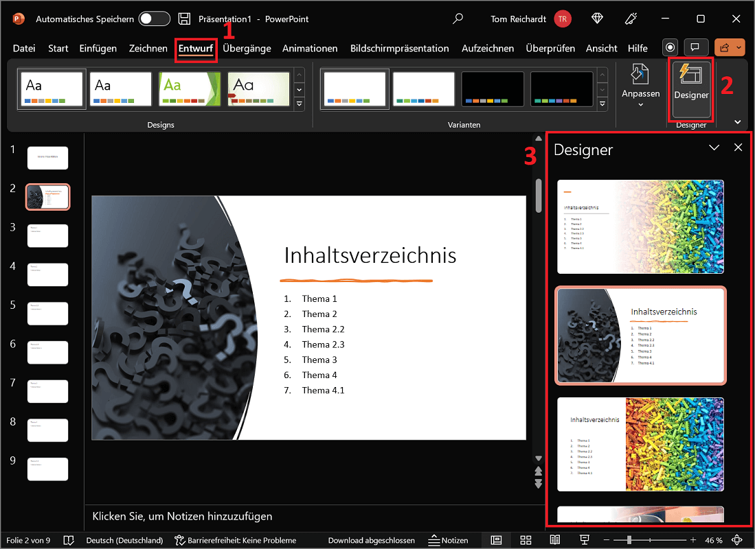 Gebruik de ontwerper om een sjabloon voor de PowerPoint-inhoudsopgave te selecteren