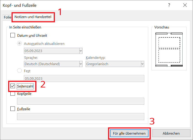 Voeg het PowerPoint-paginanummer in het notitie- en hand-outsgebied in