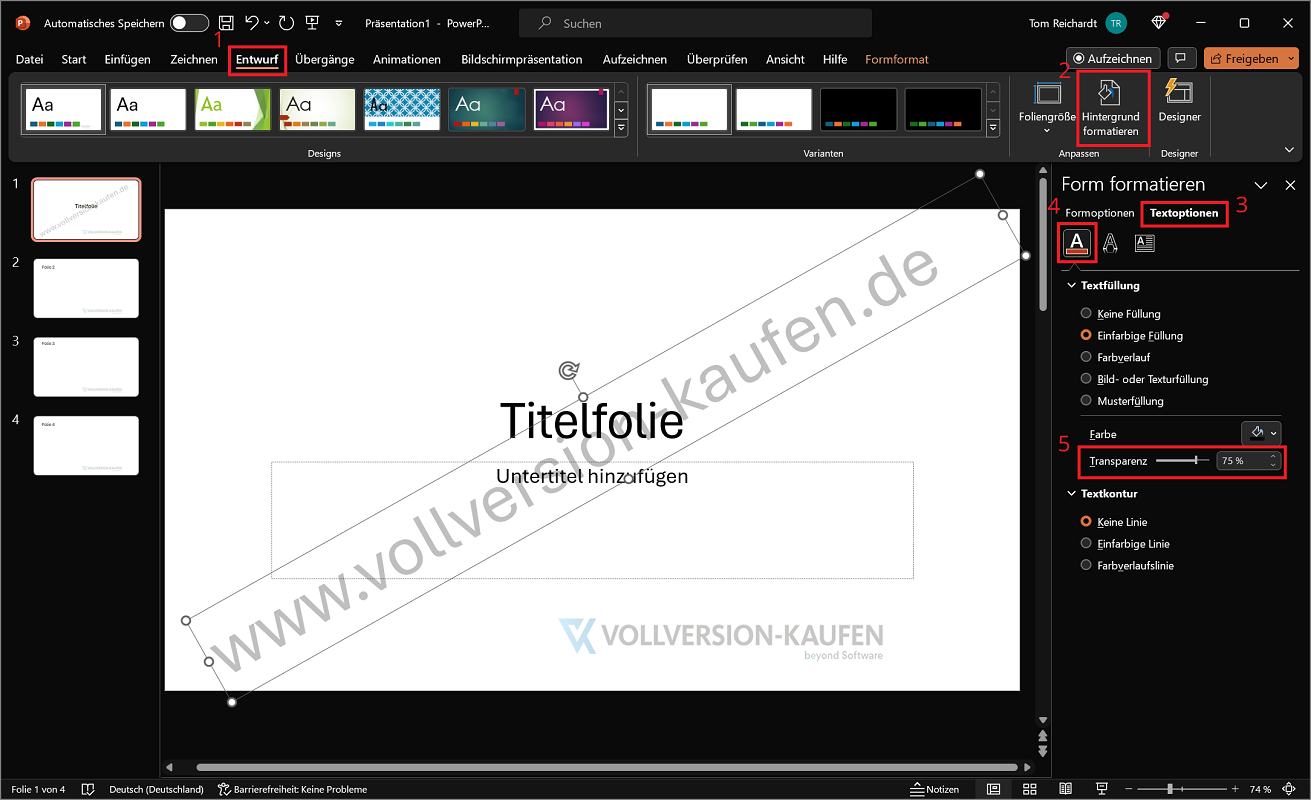 Voeg een watermerk in PowerPoint in als tekst
