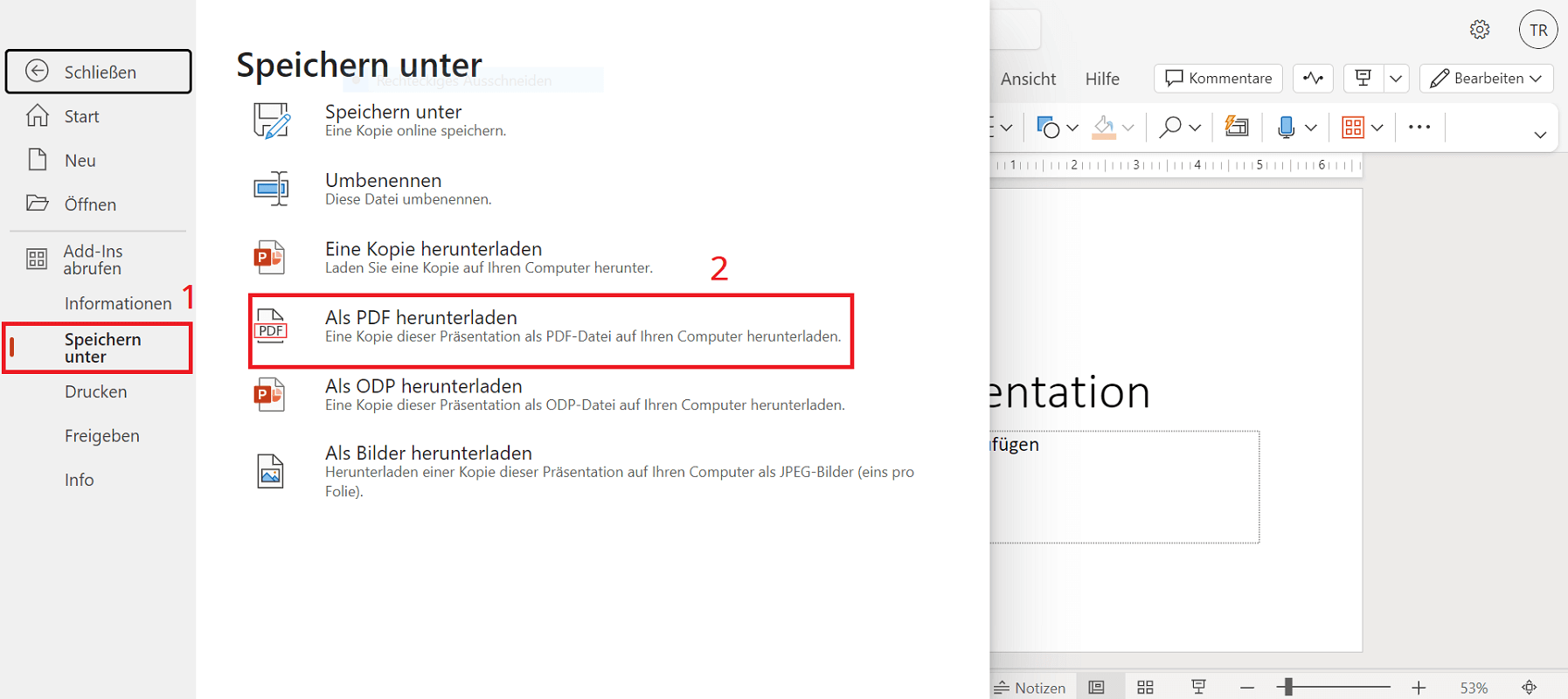 Bewaar PPTX naar PDF in de PowerPoint-webversie