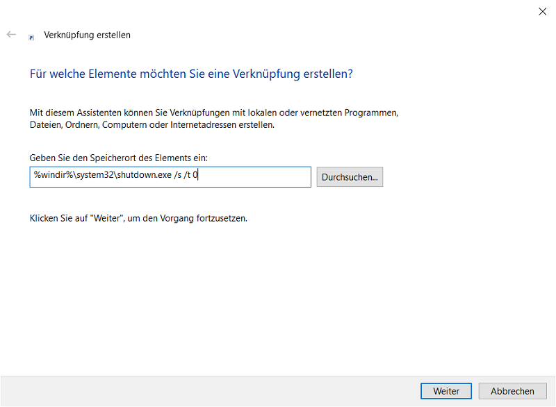 Maak een snelkoppeling en sluit Windows snel af