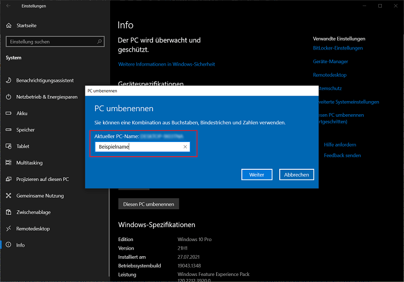 Wijzig de computernaam in Windows 10-instellingen