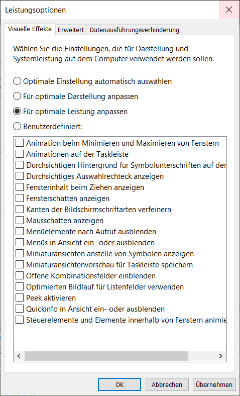 Schakel visuele effecten in Windows 10 uit in Prestatieopties
