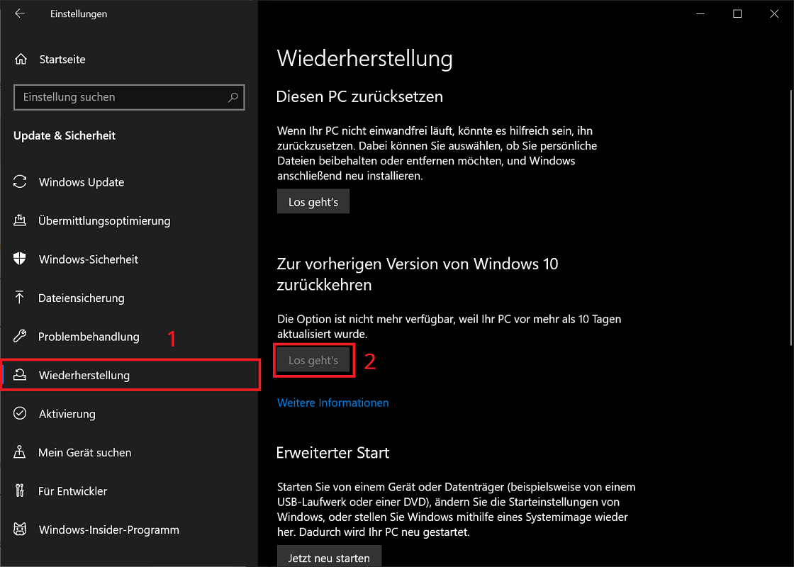 Reset Windows naar de vorige versie