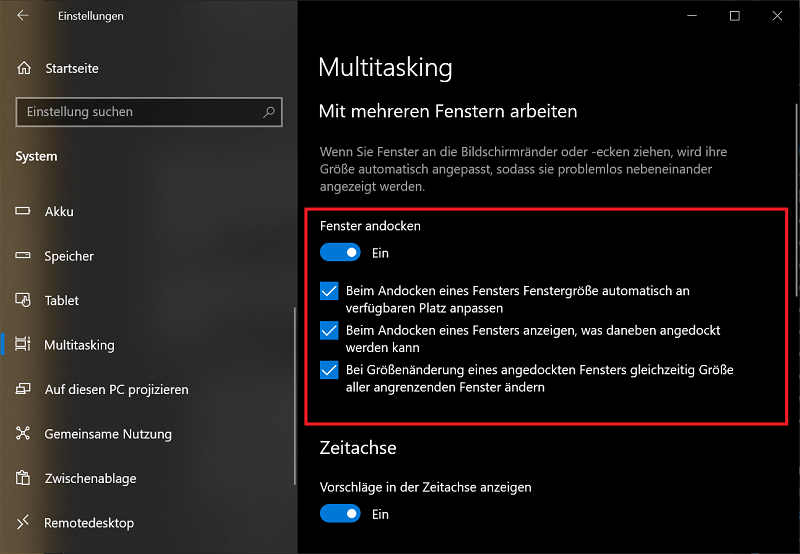 Activeer de multitasking-functie in Windows 10 om het Windows-scherm te delen