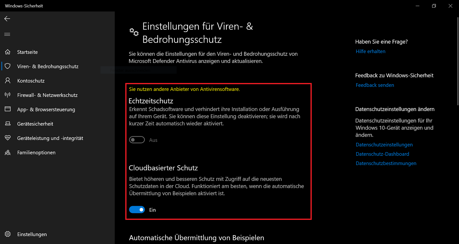Instellingen waarbij Windows Defender is uitgeschakeld