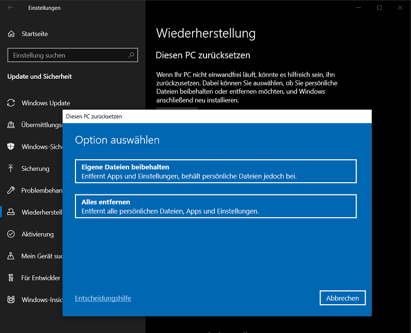 Installeer Windows opnieuw via Instellingen en verwijder alle bestanden en programma's