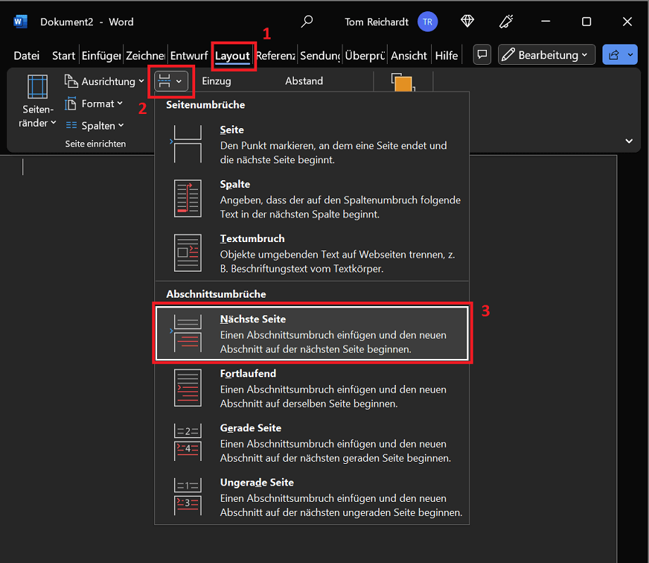 Microsoft Word: Stel een enkele pagina in met sectie-einde in liggend formaat