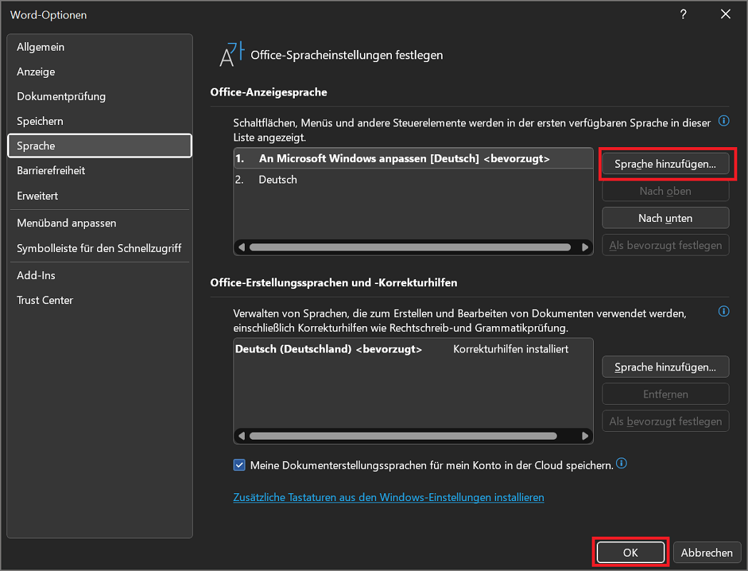 Wijzig de taal in Word-opties